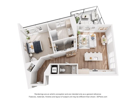 Floor plan for 1 bed, 1.5 baths, 1004 sqft